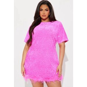 Fashion Nova Christy Sequin and Velvet Mini Tee T-Shirt Dress Feather Trim